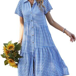 Women's Gingham Midi Dress Cotton Short Sleeve Button Down Summer Clothing